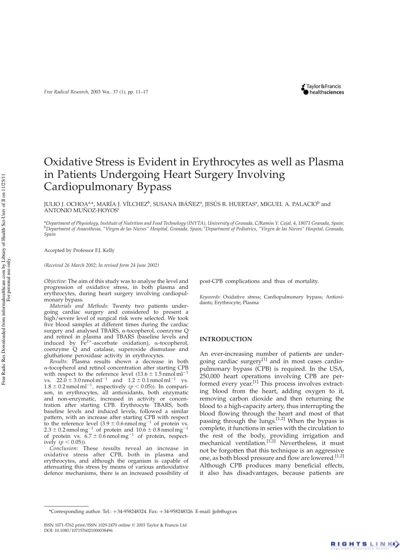 Oxidative Stress is Evident in Erythrocytes as well as Plasma in Patients Undergoing Heart Surgery Involving Cardiopulmonary Bypass by unknow