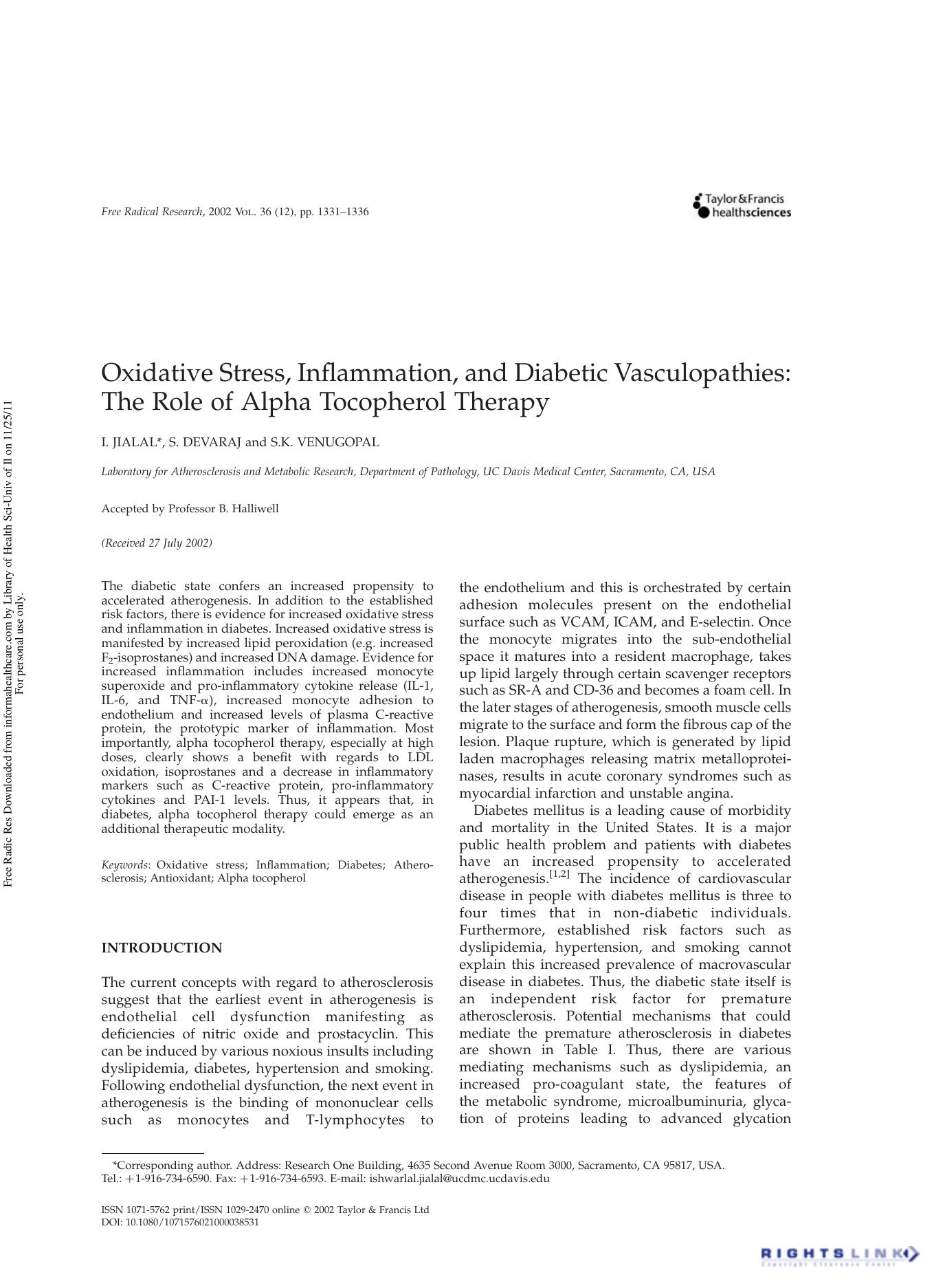 Oxidative Stress, Inflammation, and Diabetic Vasculopathies: The Role of Alpha Tocopherol Therapy by I. Jialal S. Devaraj & S.K. Venugopal