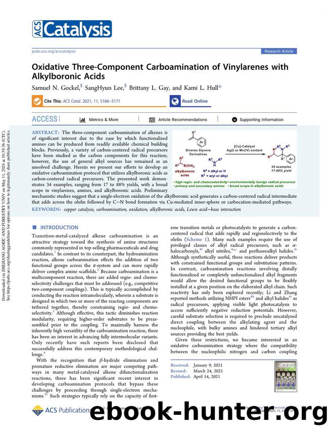 Oxidative Three-Component Carboamination of Vinylarenes with Alkylboronic Acids by Samuel N. Gockel SangHyun Lee Brittany L. Gay & Kami L. Hull
