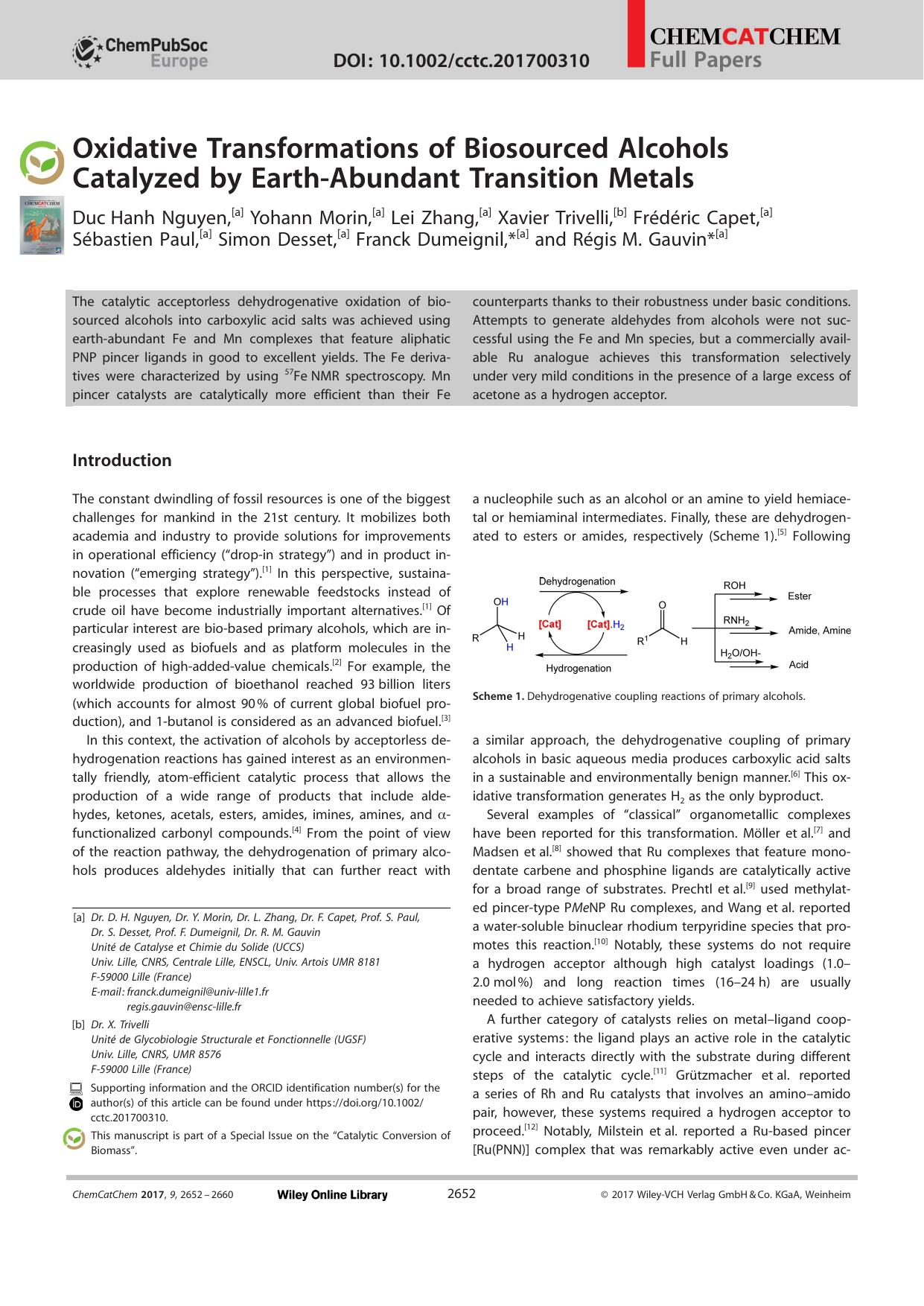 Oxidative Transformations of Biosourced Alcohols Catalyzed by EarthâAbundant Transition Metals by Unknown