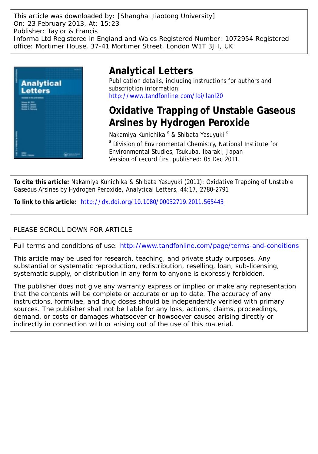 Oxidative Trapping of Unstable Gaseous Arsines by Hydrogen Peroxide by Nakamiya Kunichika & Shibata Yasuyuki