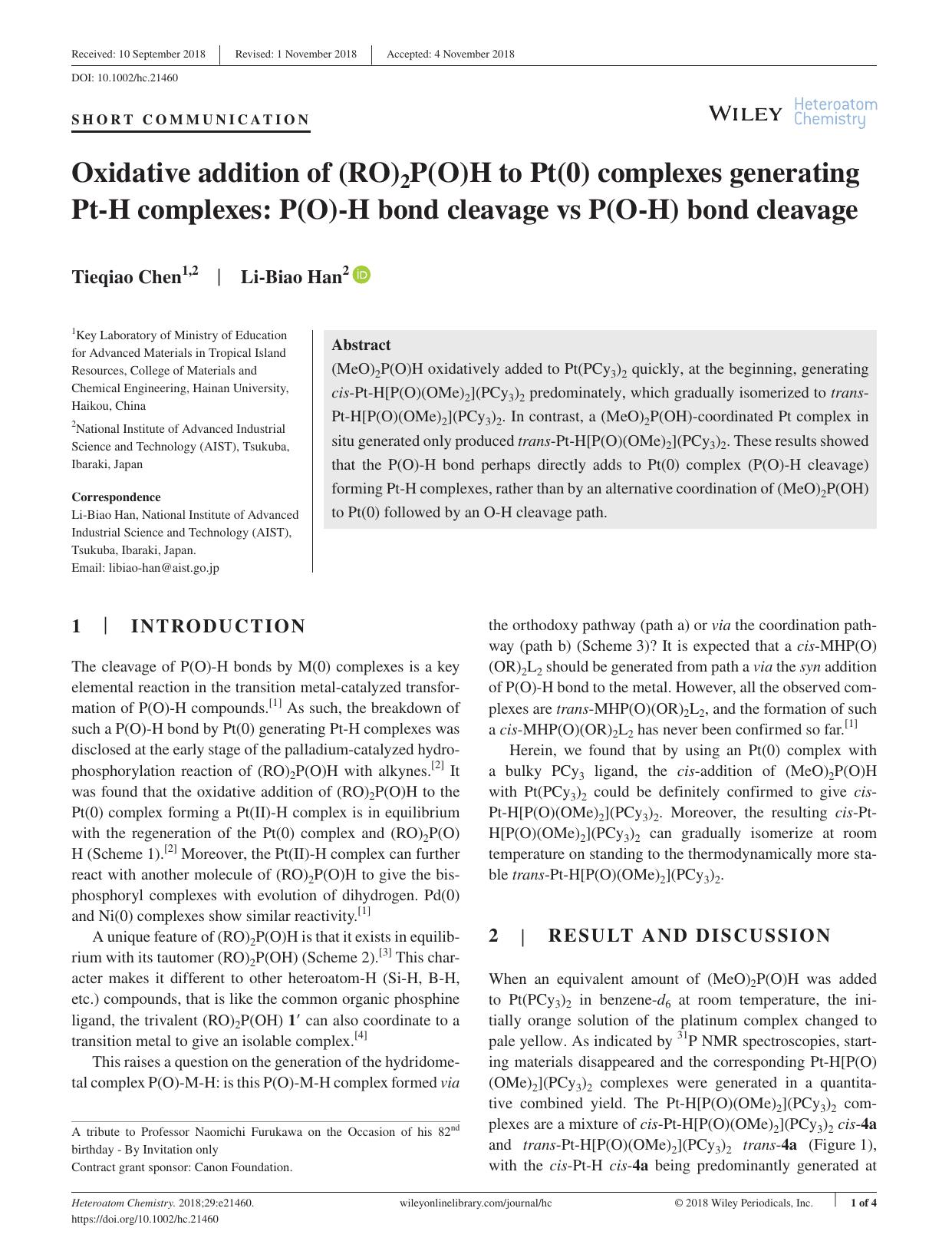Oxidative addition of (RO)2P(O)H to Pt(0) complexes generating PtâH complexes: P(O)âH bond cleavage vs P(OâH) bond cleavage by Unknown