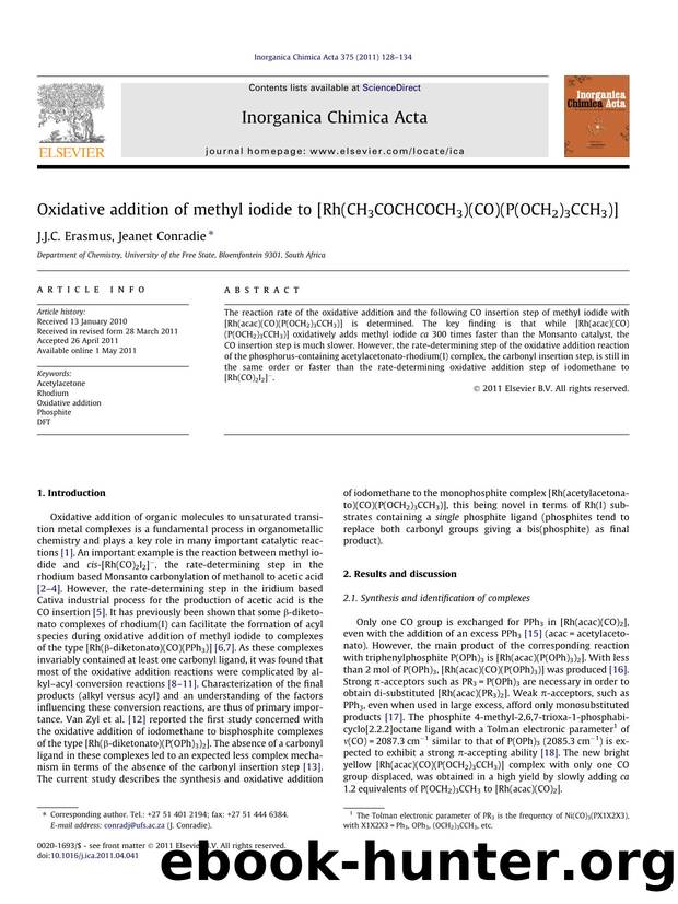 Oxidative addition of methyl iodide to [Rh(CH3COCHCOCH3)(CO)(P(OCH2)3CCH3)] by J.J.C. Erasmus & Jeanet Conradie