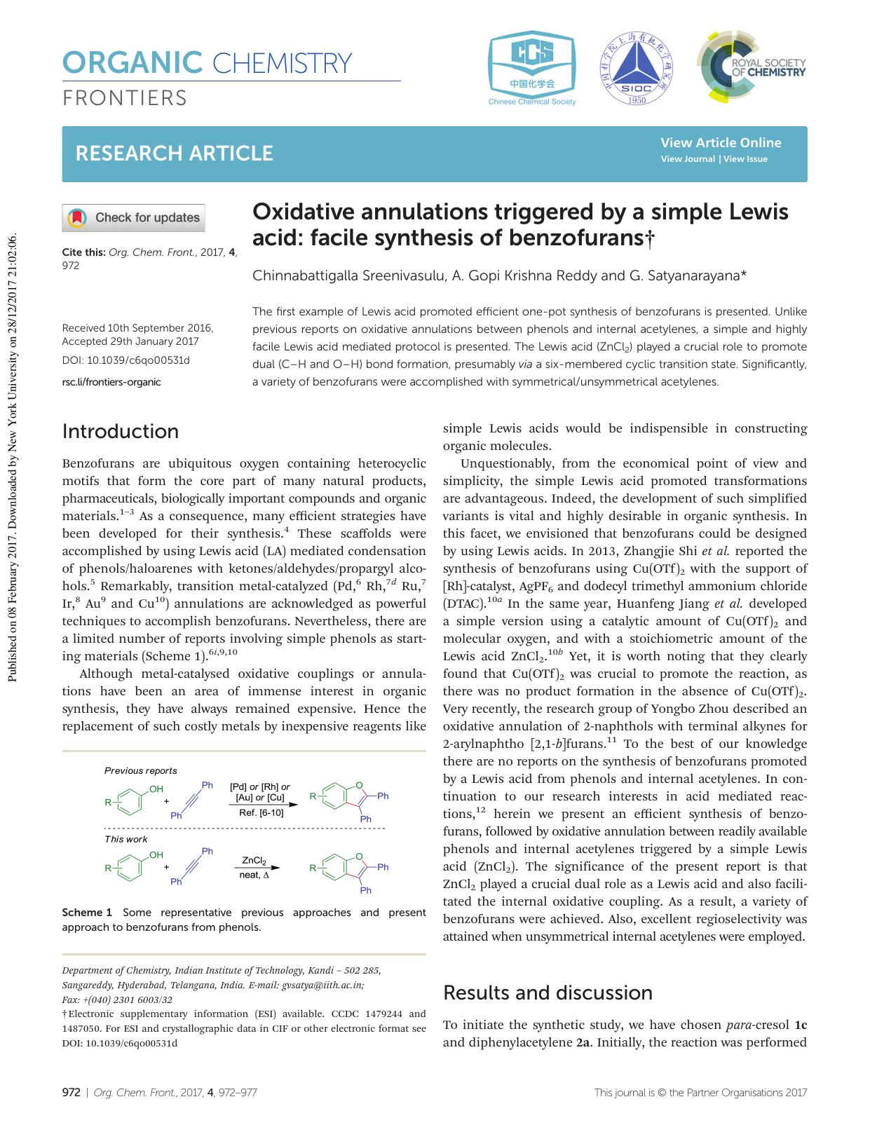 Oxidative annulations triggered by a simple Lewis acid: facile synthesis of benzofurans by Chinnabattigalla Sreenivasulu A. Gopi Krishna Reddy G. Satyanarayana