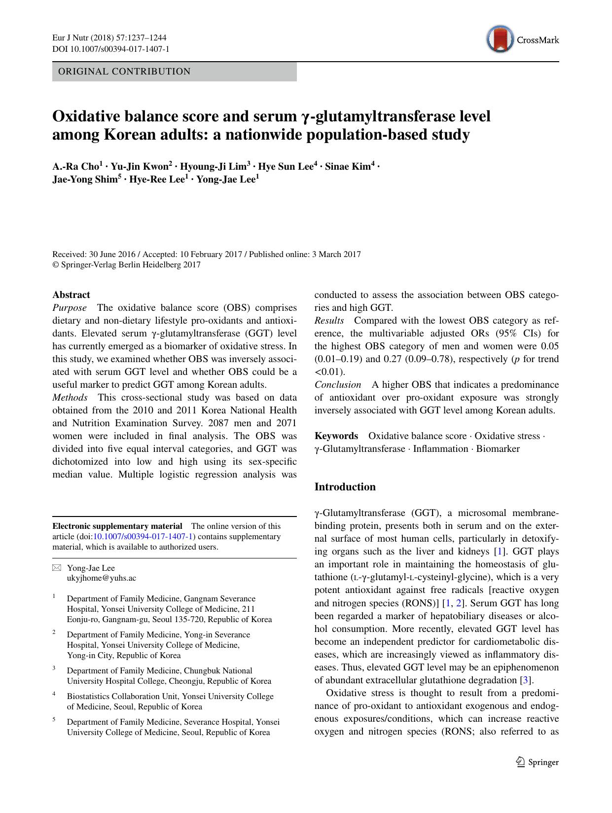 Oxidative balance score and serum Î³-glutamyltransferase level among Korean adults: a nationwide population-based study by A.-Ra Cho