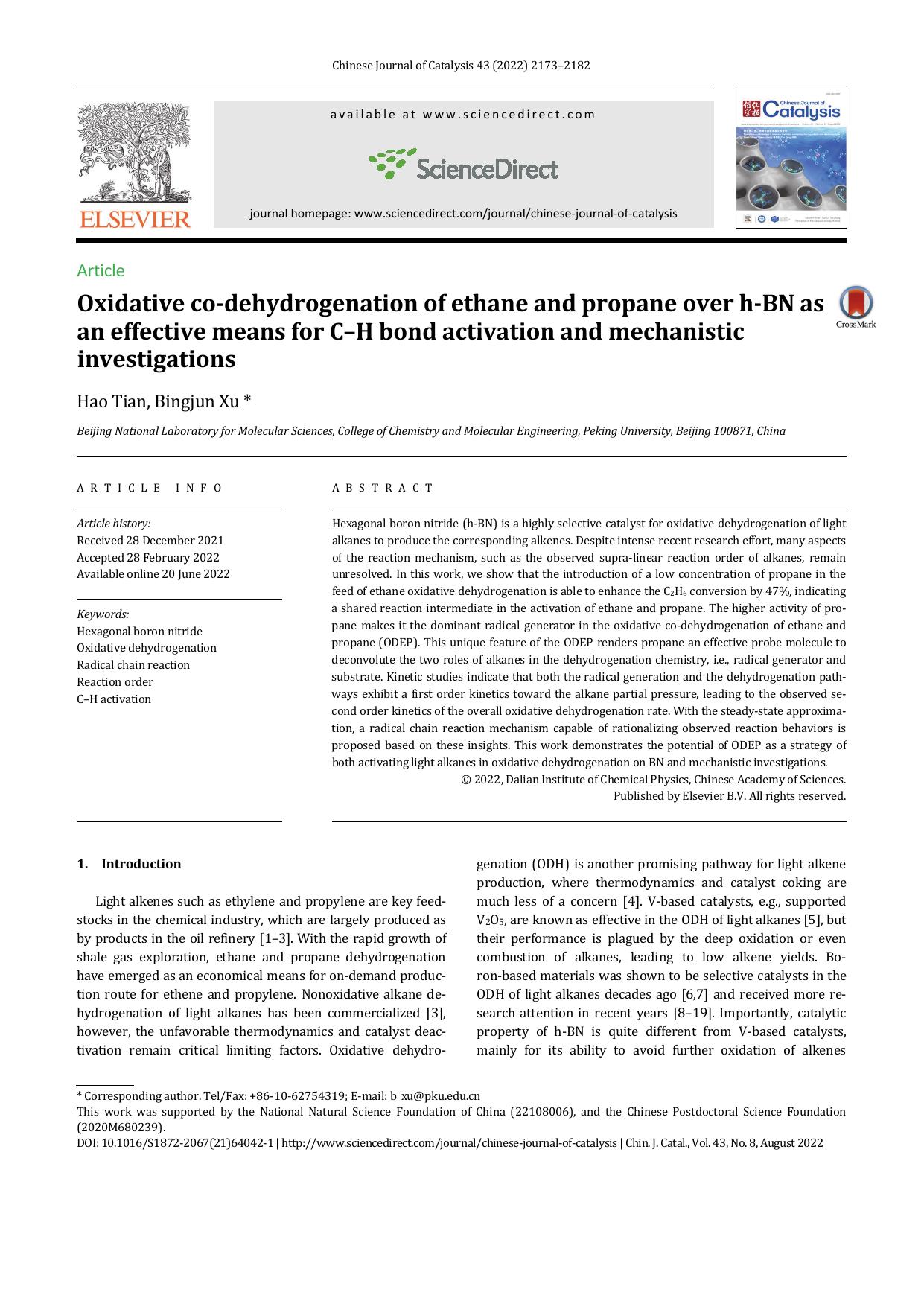 Oxidative co-dehydrogenation of ethane and propane over h-BN as an effective means for CâH bond activation and mechanistic investigations by Hao Tian & Bingjun Xu