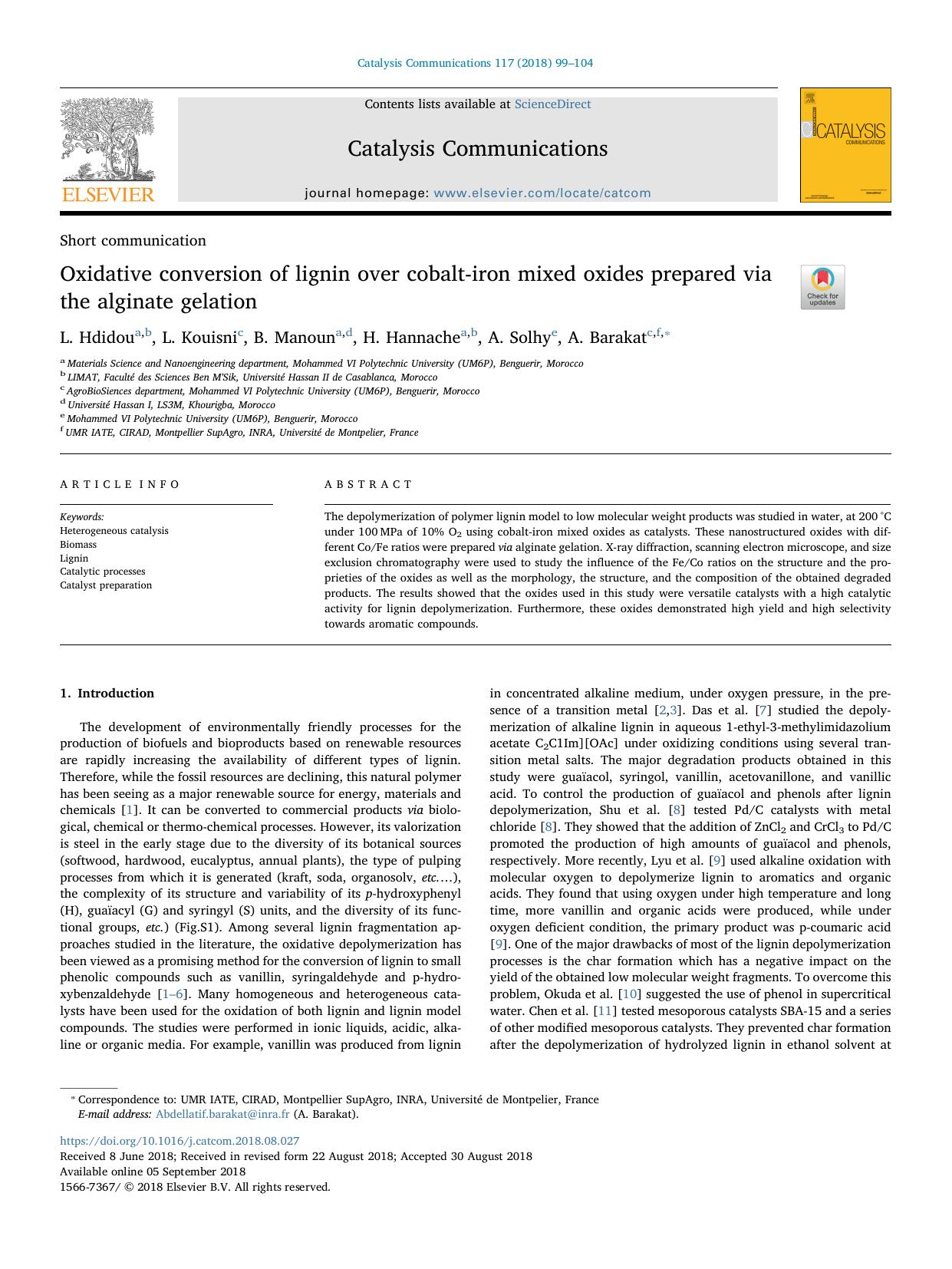 Oxidative conversion of lignin over cobalt-iron mixed oxides prepared via the alginate gelation by L. Hdidou & L. Kouisni & B. Manoun & H. Hannache & A. Solhy & A. Barakat