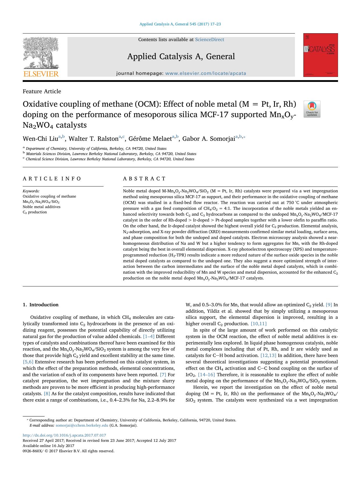 Oxidative coupling of methane (OCM)_ Effect of noble metal (M=Pt, Ir, Rh) doping on the performance of mesoporous silica MCF-17 supported MnxOy-Na2WO4 catalysts by Wen-Chi Liu & Walter T. Ralston & Gérôme Melaet & Gabor A. Somorjai