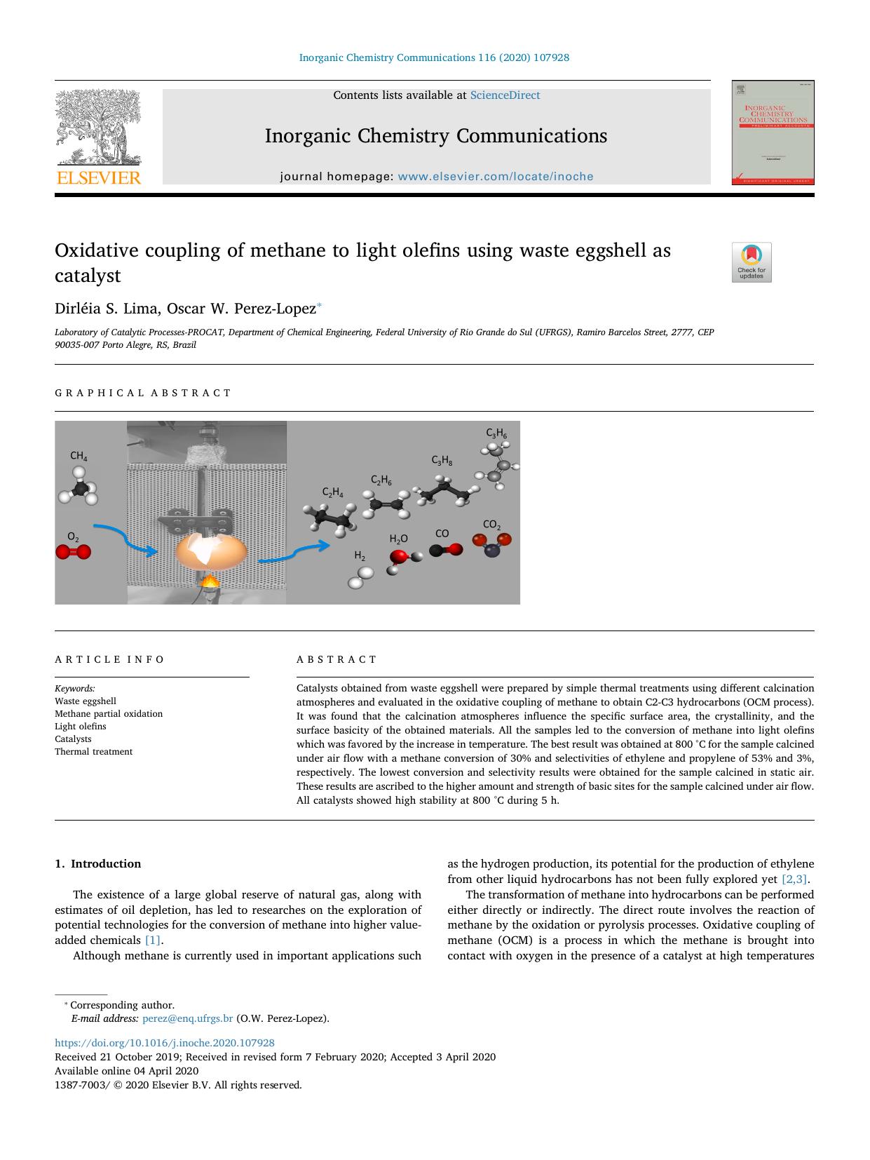 Oxidative coupling of methane to light olefins using waste eggshell as catalyst by Dirléia S. Lima & Oscar W. Perez-Lopez