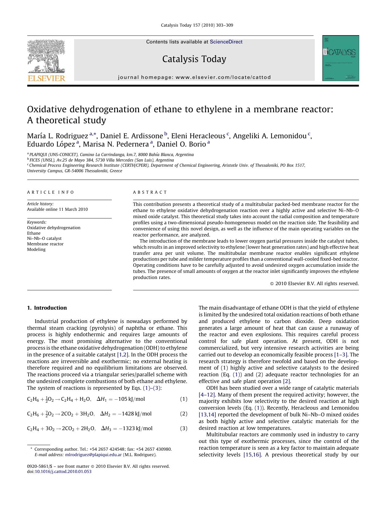 Oxidative dehydrogenation of ethane to ethylene in a membrane reactor: A theoretical study by MarÃ­a L. Rodriguez