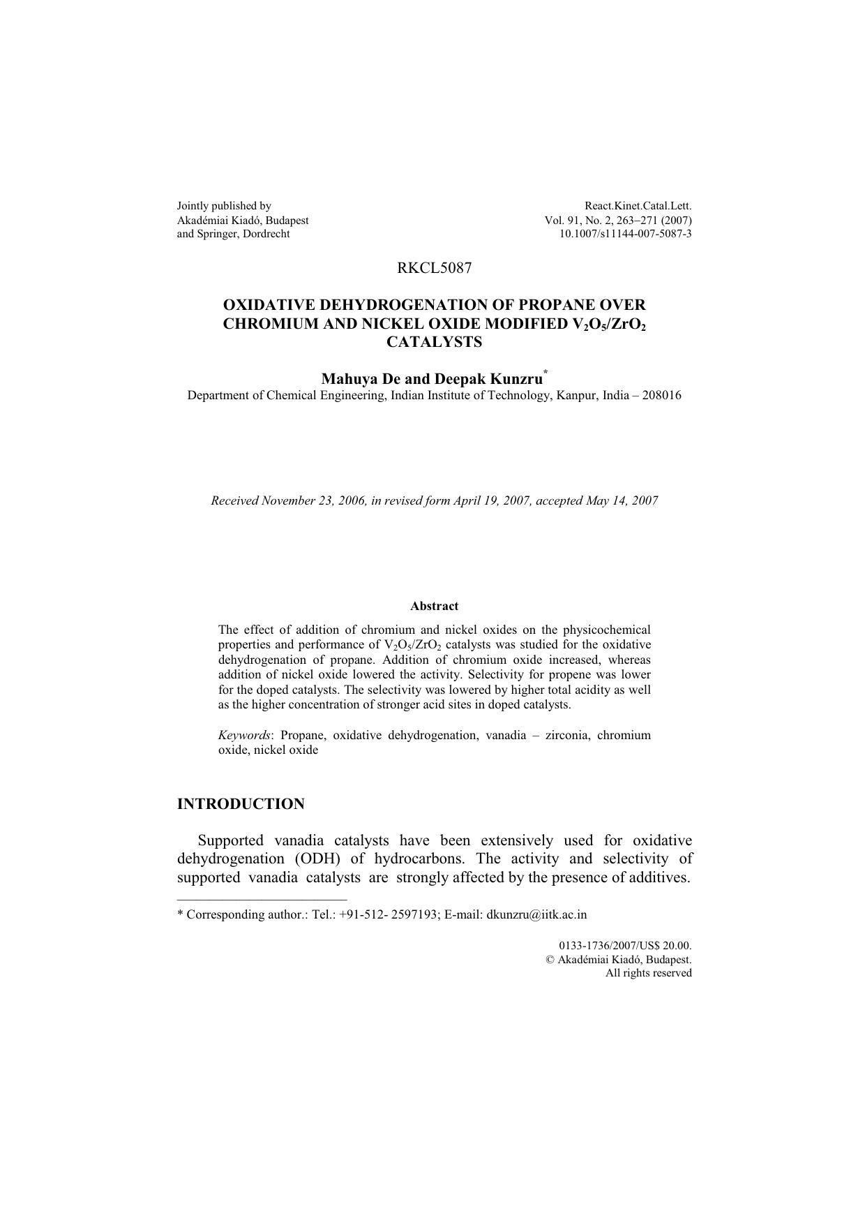 Oxidative dehydrogenation of propane over chromium and nickel oxide modified V<Subscript>2<Subscript>O<Subscript>5<Subscript>ZrO<Subscript>2<Subscript> catalysts by Unknown