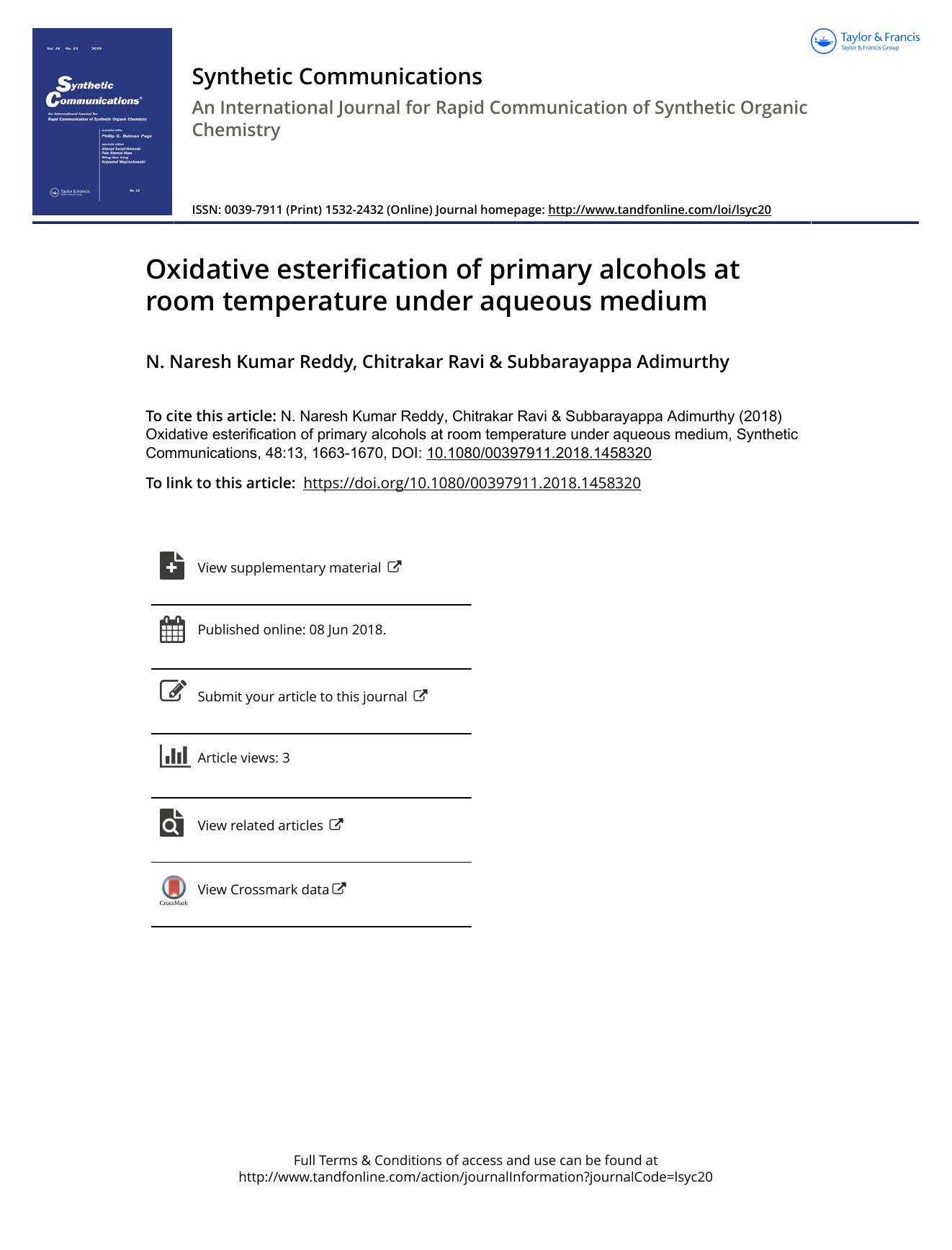 Oxidative esterification of primary alcohols at room temperature under aqueous medium by N. Naresh Kumar Reddy