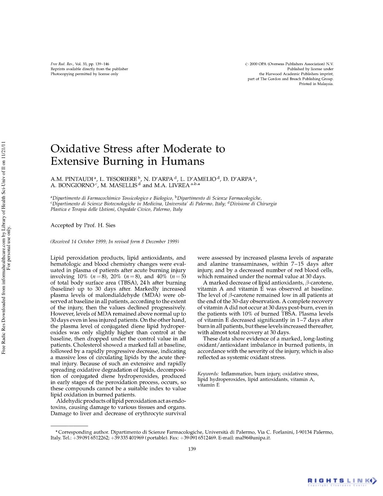 Oxidative stress after moderate to extensive burning in humans by unknow