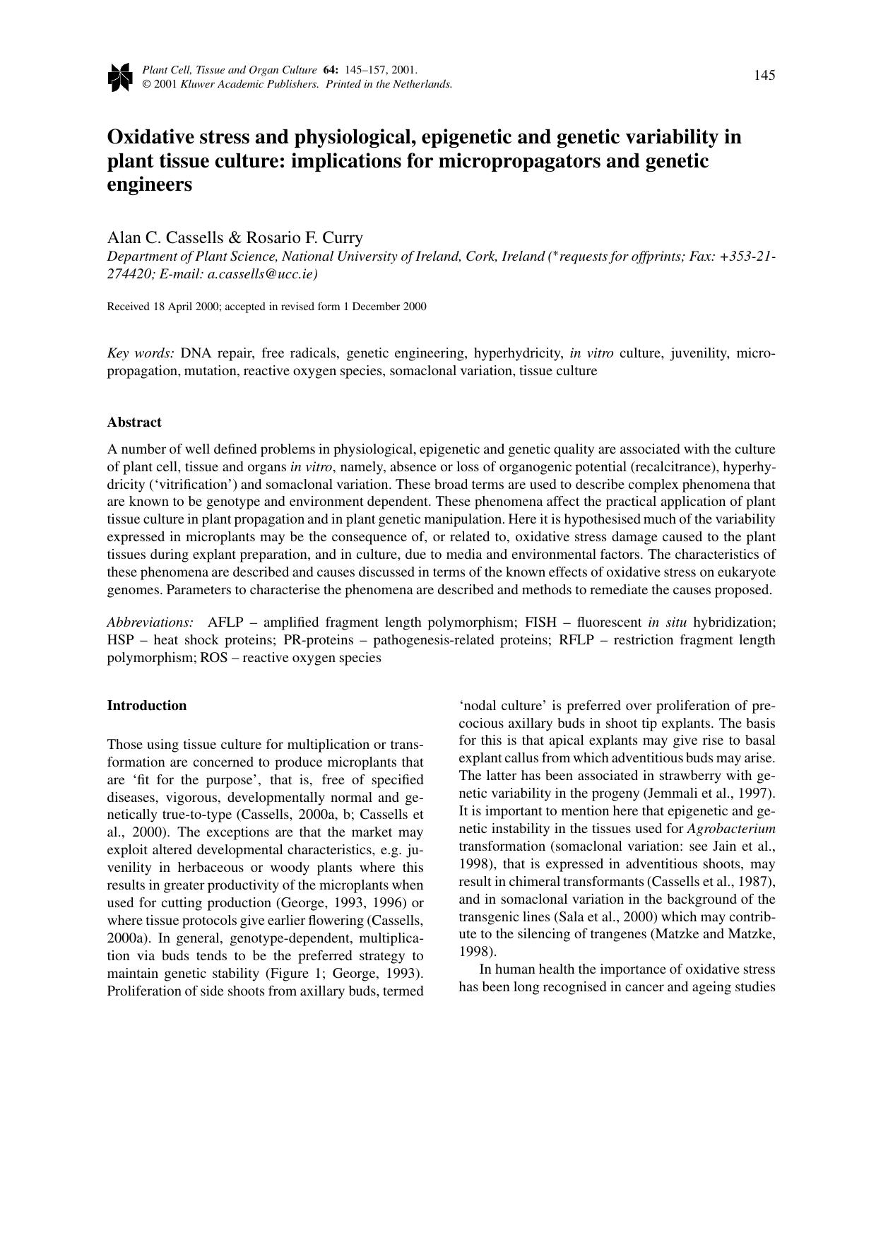 Oxidative stress and physiological, epigenetic and genetic variability in plant tissue culture: implications for micropropagators and genetic engineers by Unknown