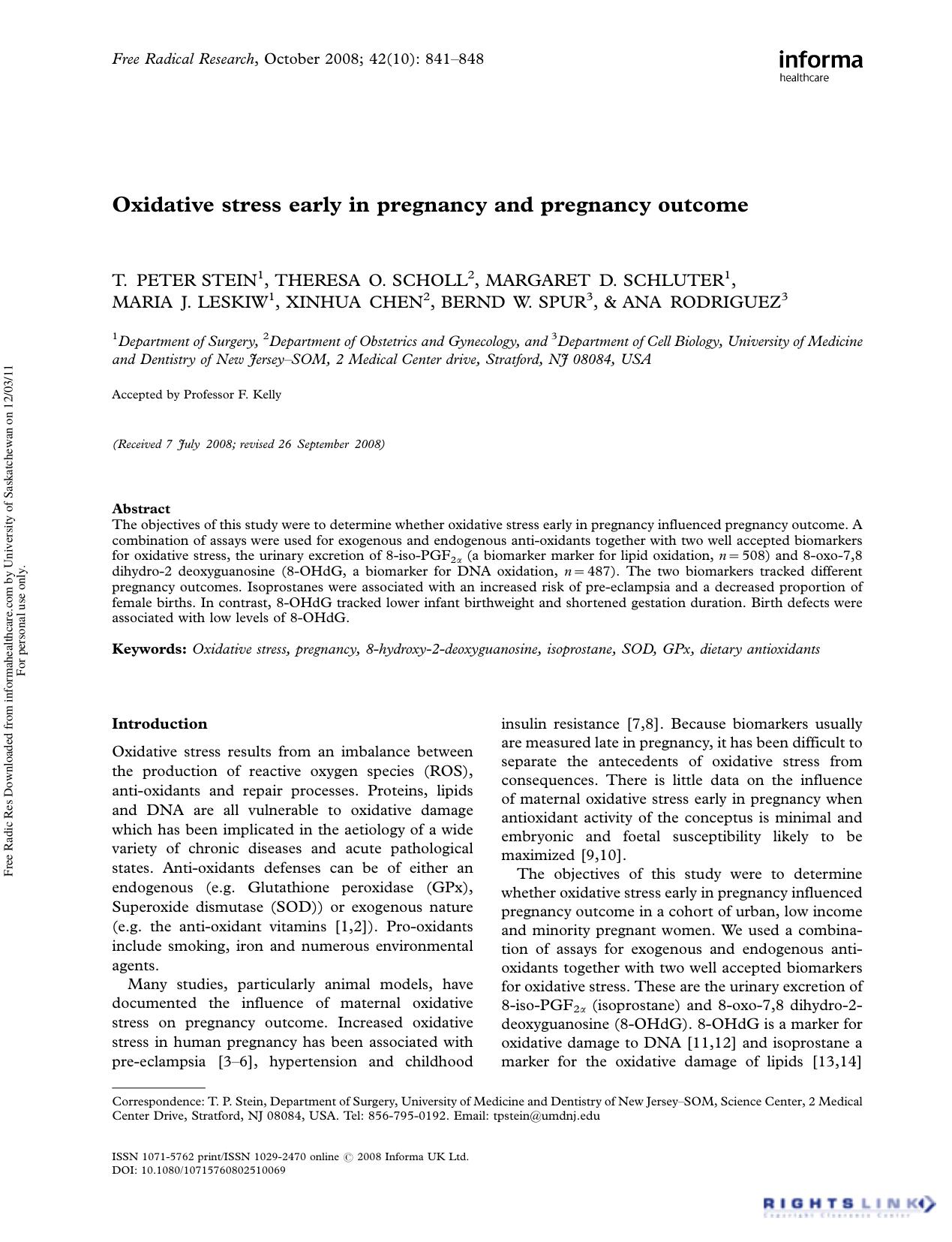 Oxidative stress early in pregnancy and pregnancy outcome by unknow