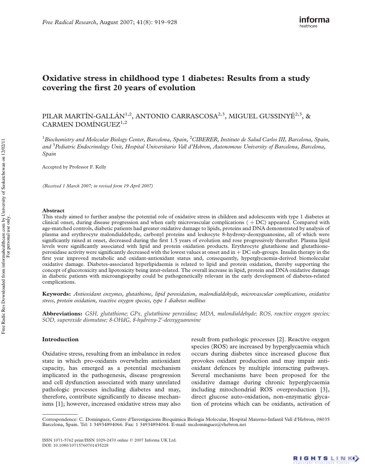 Oxidative stress in childhood type 1 diabetes: Results from a study covering the first 20 years of evolution by Pilar Martín-Gallán1 2 Antonio Carrascosa3 Miguel Gussinyé3 & Carmen Domínguez2†
