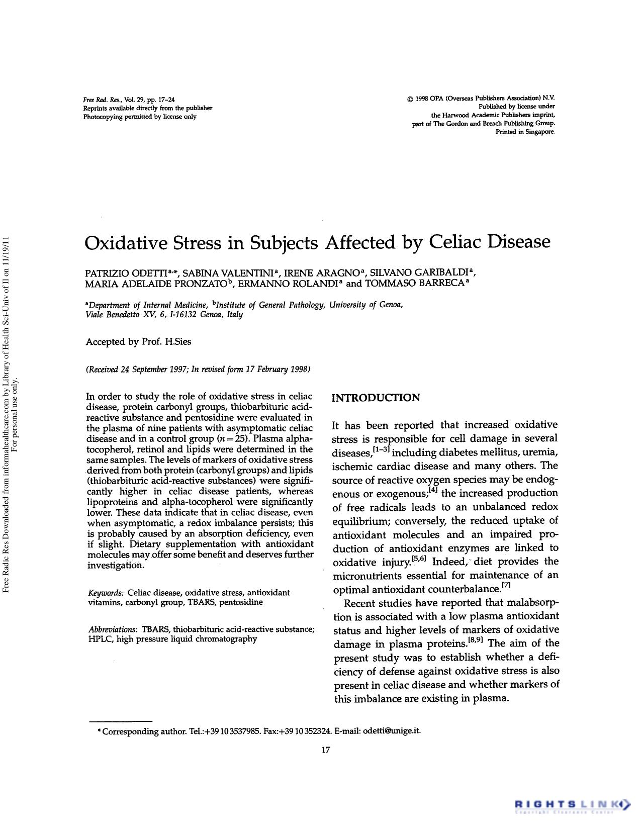 Oxidative stress in subjects affected by celiac disease by unknow