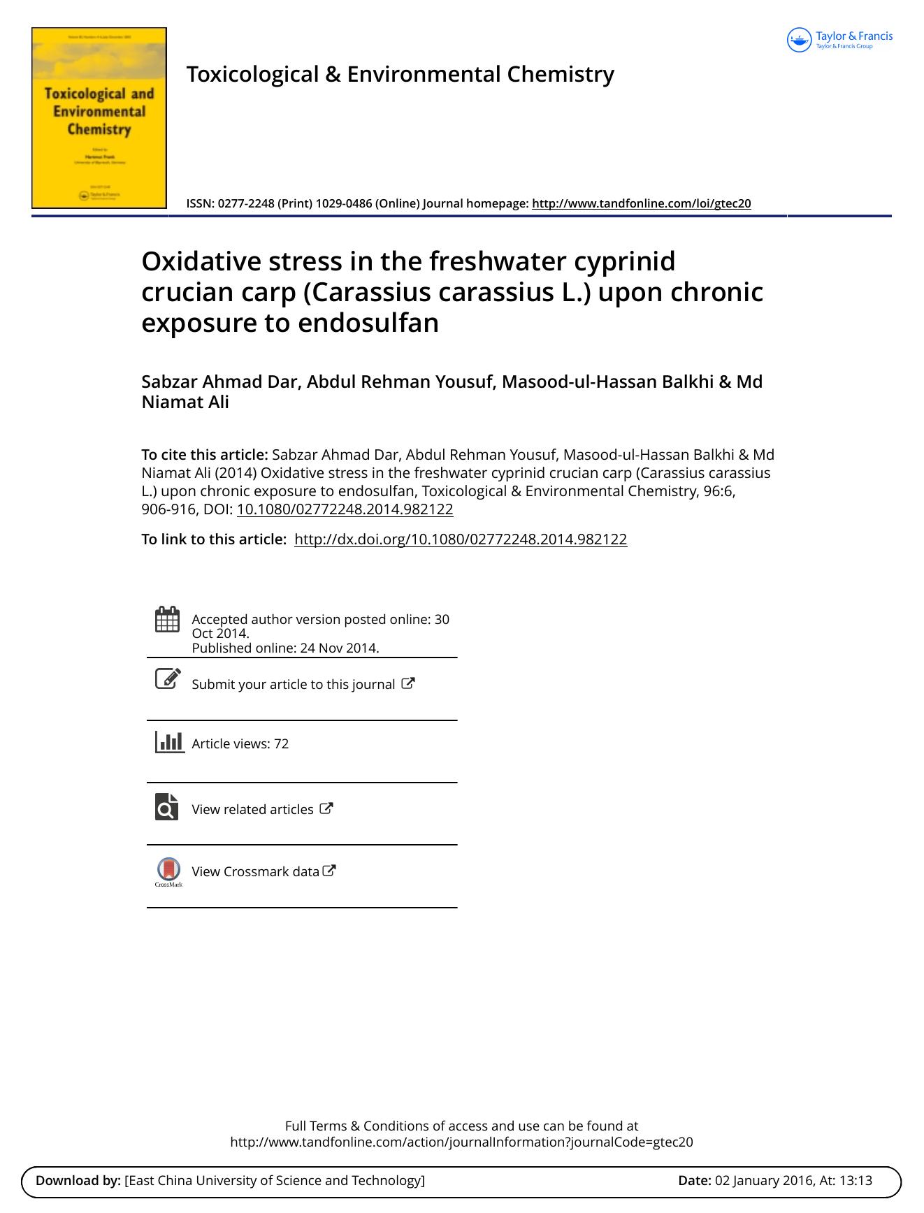 Oxidative stress in the freshwater cyprinid crucian carp \(Carassius carassius L.\) upon chronic exposure to endosulfan by Sabzar Ahmad Dar