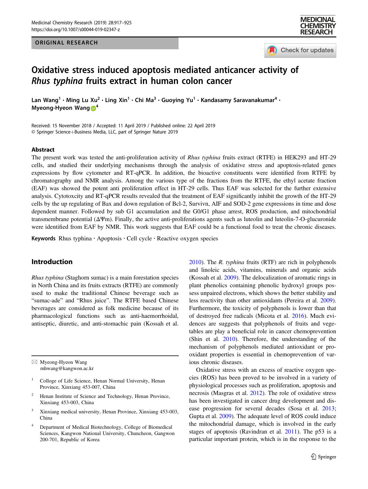 Oxidative stress induced apoptosis mediated anticancer activity of Rhus typhina fruits extract in human colon cancer by Lan Wang & Ming Lu Xu & Ling Xin & Chi Ma & Guoying Yu & Kandasamy Saravanakumar & Myeong-Hyeon Wang