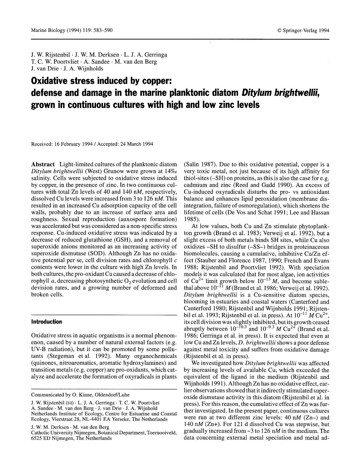 Oxidative stress induced by copper: defense and damage in the marine planktonic diatom <Emphasis Type="Italic">Ditylum brightwellii<Emphasis>, grown in continuous cultures with hig by Unknown