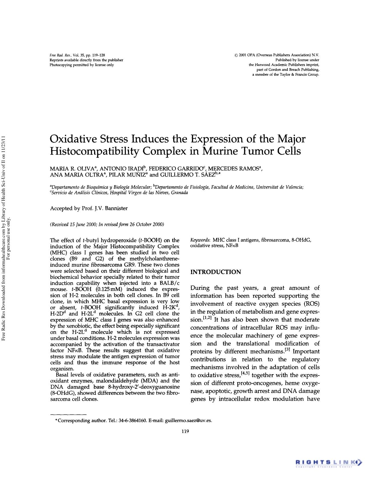 Oxidative stress induces the expression of the major histocompatibility complex in murine tumor cells by unknow