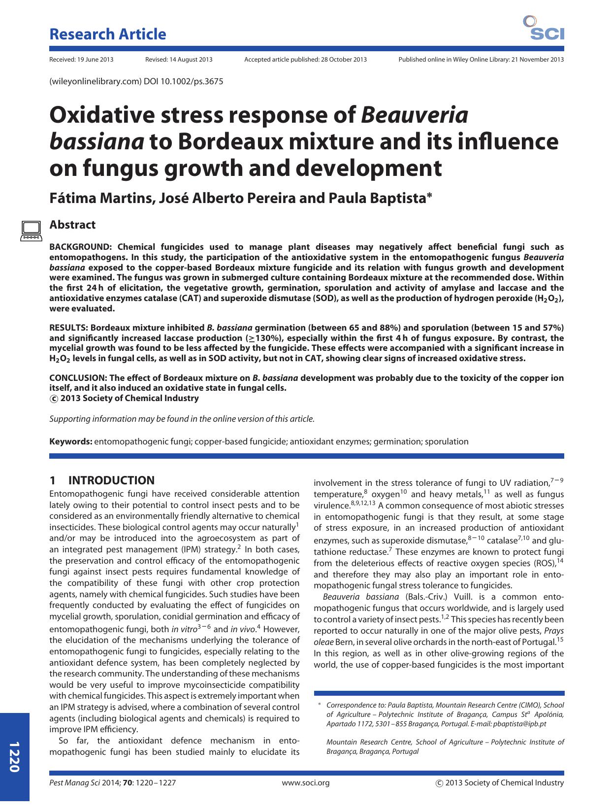 Oxidative stress response of Beauveria bassiana to Bordeaux mixture and its influence on fungus growth and development by Unknown