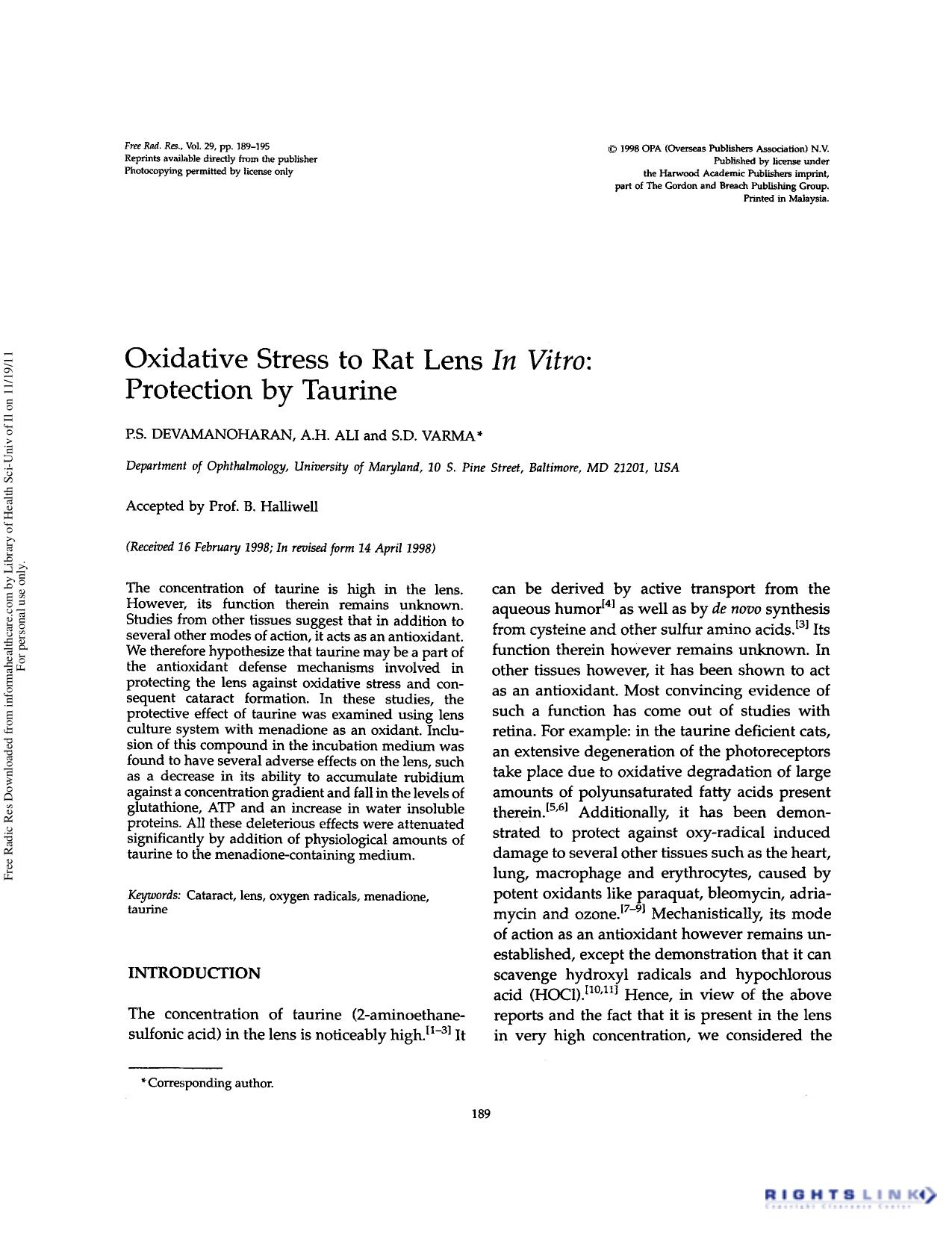 Oxidative stress to rat lens in vitro: Protection by taurine by P.S. Devamanoharan A.H. Ali & S.D. Varma