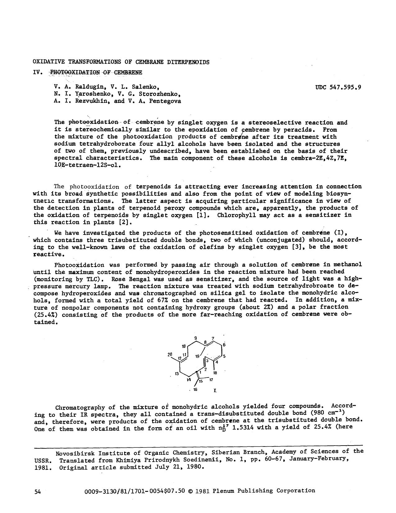 Oxidative transformations of cembrane diterpenoids IV. Photooxidation of cembrene by Unknown