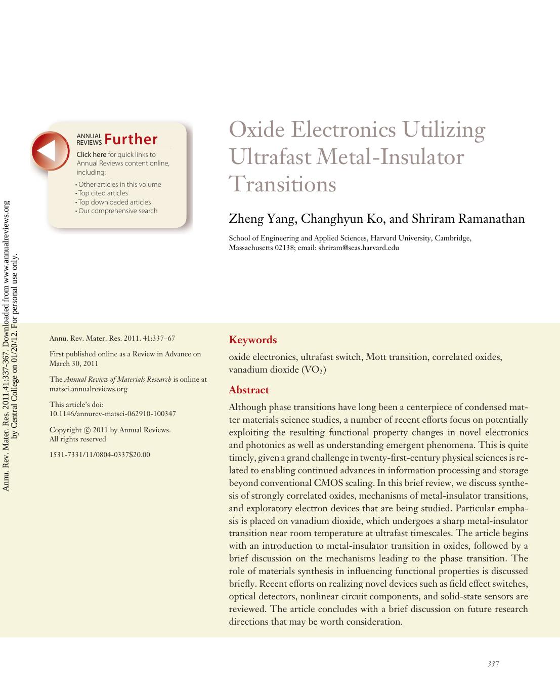 Oxide Electronics Utilizing Ultrafast Metal-Insulator Transitions by Zheng Yang Changhyun Ko & Shriram Ramanathan