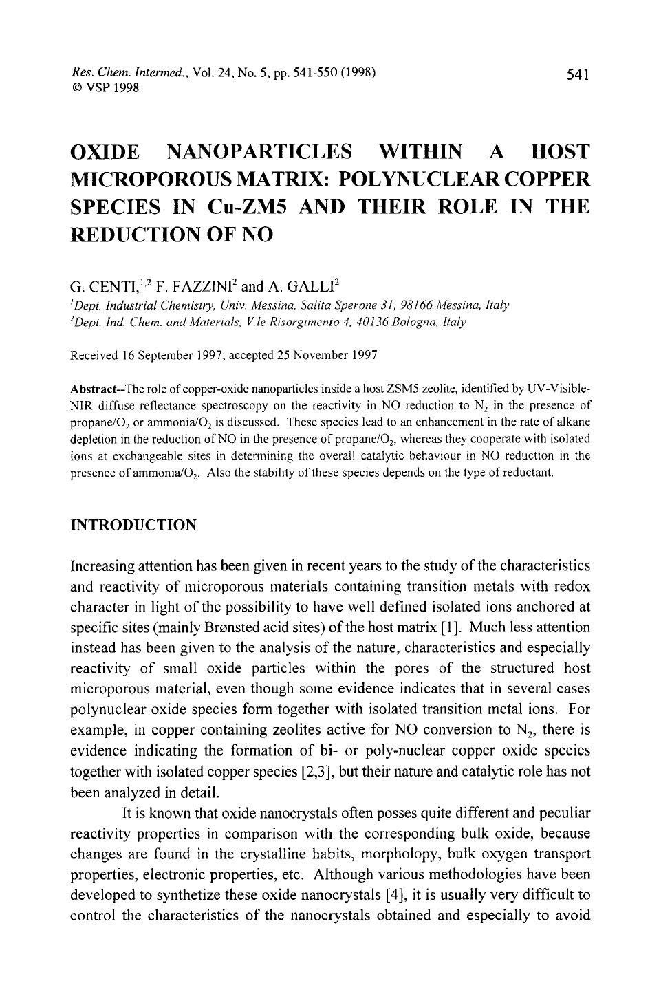Oxide Nanoparticles within a host microporous matrix: Polynuclear copper species in Cu-ZM5 and their role in the reduction of NO by Unknown