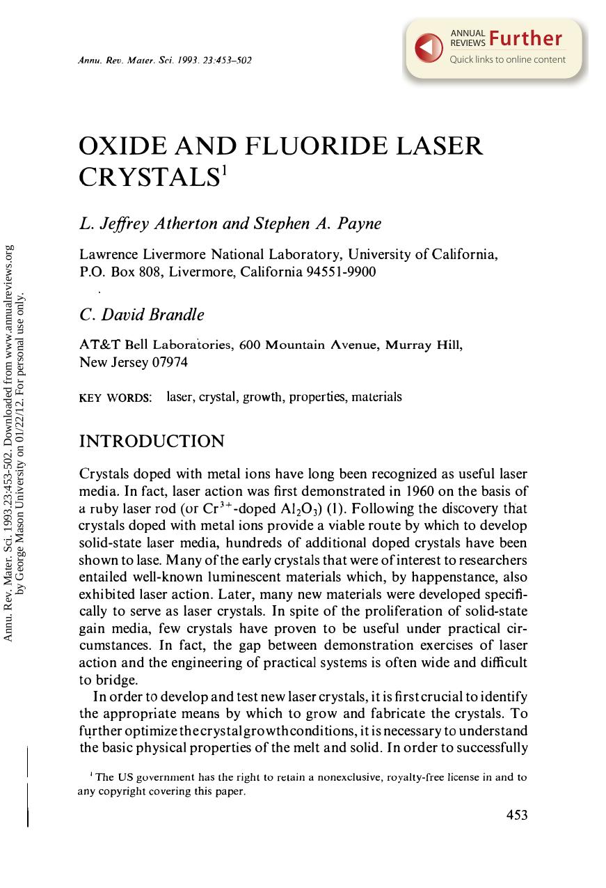 Oxide and Fluoride Laser Crystals by L J Atherton S A Payne & C D Brandle