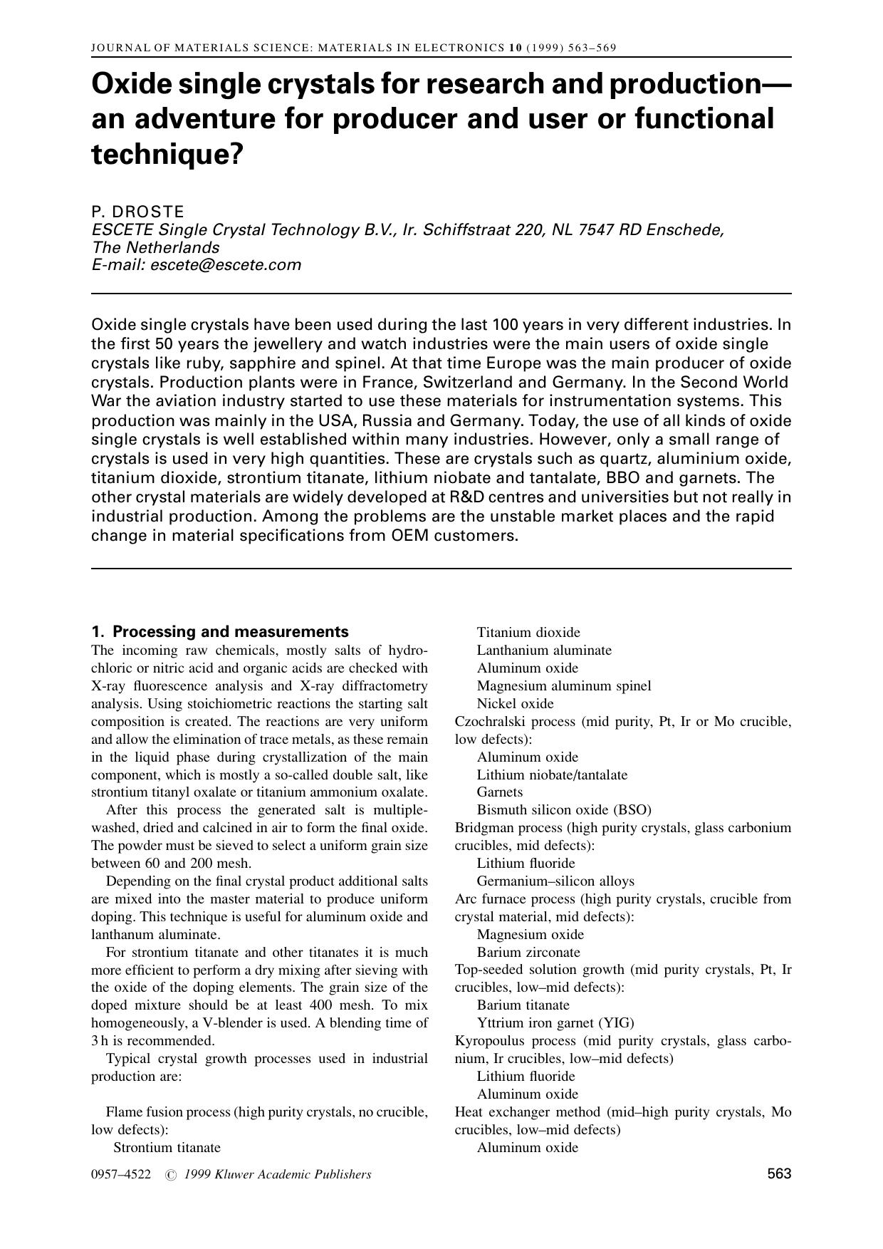 Oxide single crystals for research and production—an adventure for producer and user or functional technique? by Unknown
