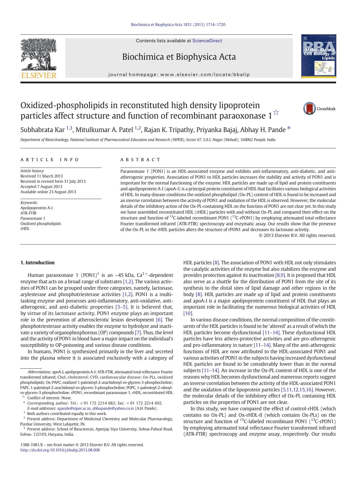 Oxidized-phospholipids in reconstituted high density lipoprotein particles affect structure and function of recombinant paraoxonase 1 by Subhabrata Kar & Mitulkumar A. Patel & Rajan K. Tripathy & Priyanka Bajaj & Abhay H. Pande