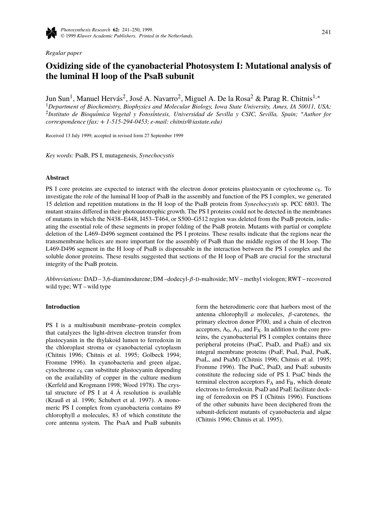 Oxidizing side of the cyanobacterial Photosystem I: Mutational analysis of the luminal H loop of the PsaB subunit by Unknown