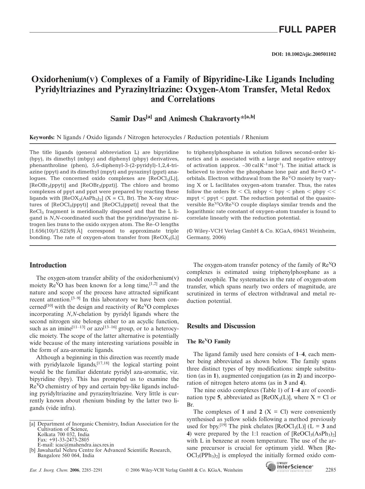 Oxidorhenium(V) Complexes of a Family of Bipyridine-Like Ligands Including Pyridyltriazines and Pyrazinyltriazine: Oxygen-Atom Transfer, Metal Redox and Correlations by Unknown