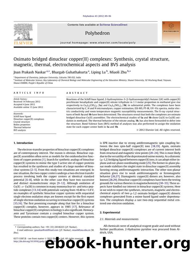 Oximato bridged dinuclear copper(II) complexes: Synthesis, crystal structure, magnetic, thermal, electrochemical aspects and BVS analysis by Jnan Prakash Naskar & Bhargab Guhathakurta & Liping Lu & Miaoli Zhu