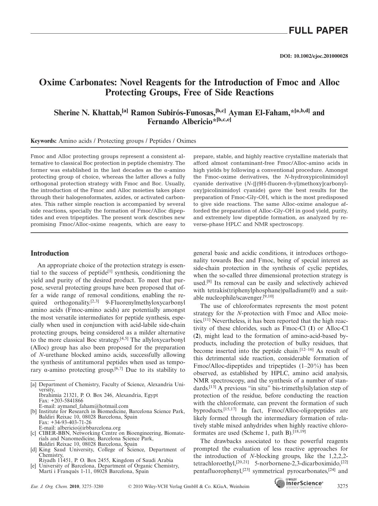 Oxime Carbonates: Novel Reagents for the Introduction of Fmoc and Alloc Protecting Groups, Free of Side Reactions by Unknown