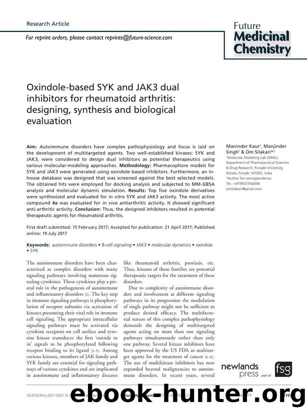 Oxindole-based SYK and JAK3 dual inhibitors for rheumatoid arthritis: designing, synthesis and biological evaluation by Maninder Kaur