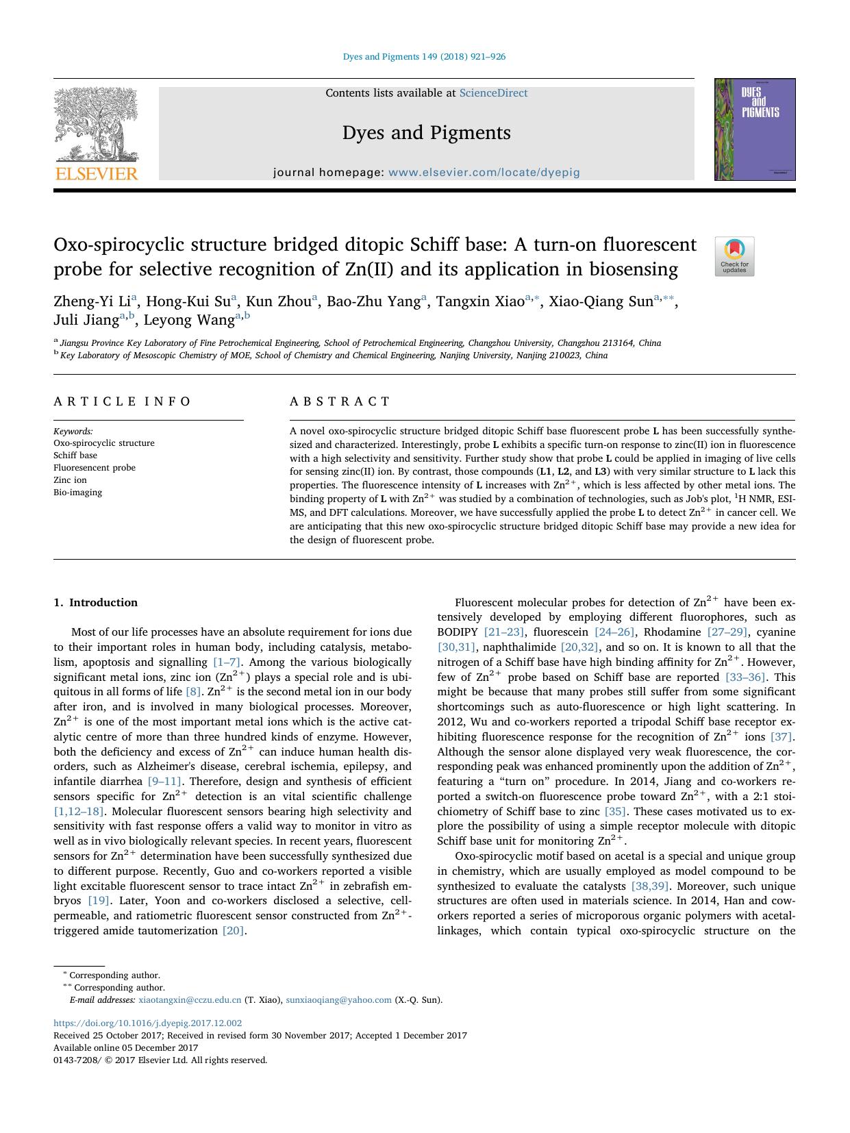 Oxo-spirocyclic structure bridged ditopic Schiff base_ A turn-on fluorescent probe for selective recognition of Zn(II) and its application in biosensing by unknow