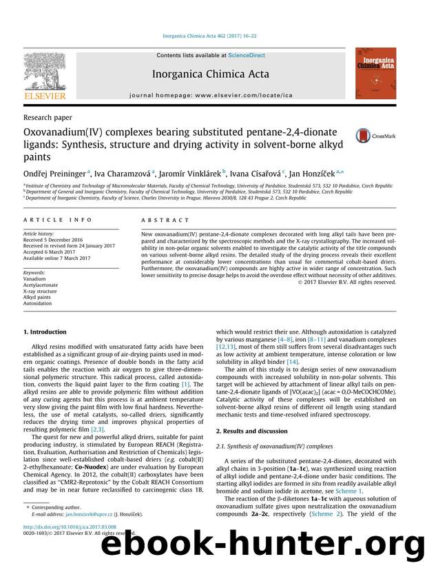Oxovanadium(IV) complexes bearing substituted pentane-2,4-dionate ligands: Synthesis, structure and drying activity in solvent-borne alkyd paints by OndÅ™ej Preininger & Iva Charamzová & Jaromír Vinklárek & Ivana Císařová & Jan Honzíček
