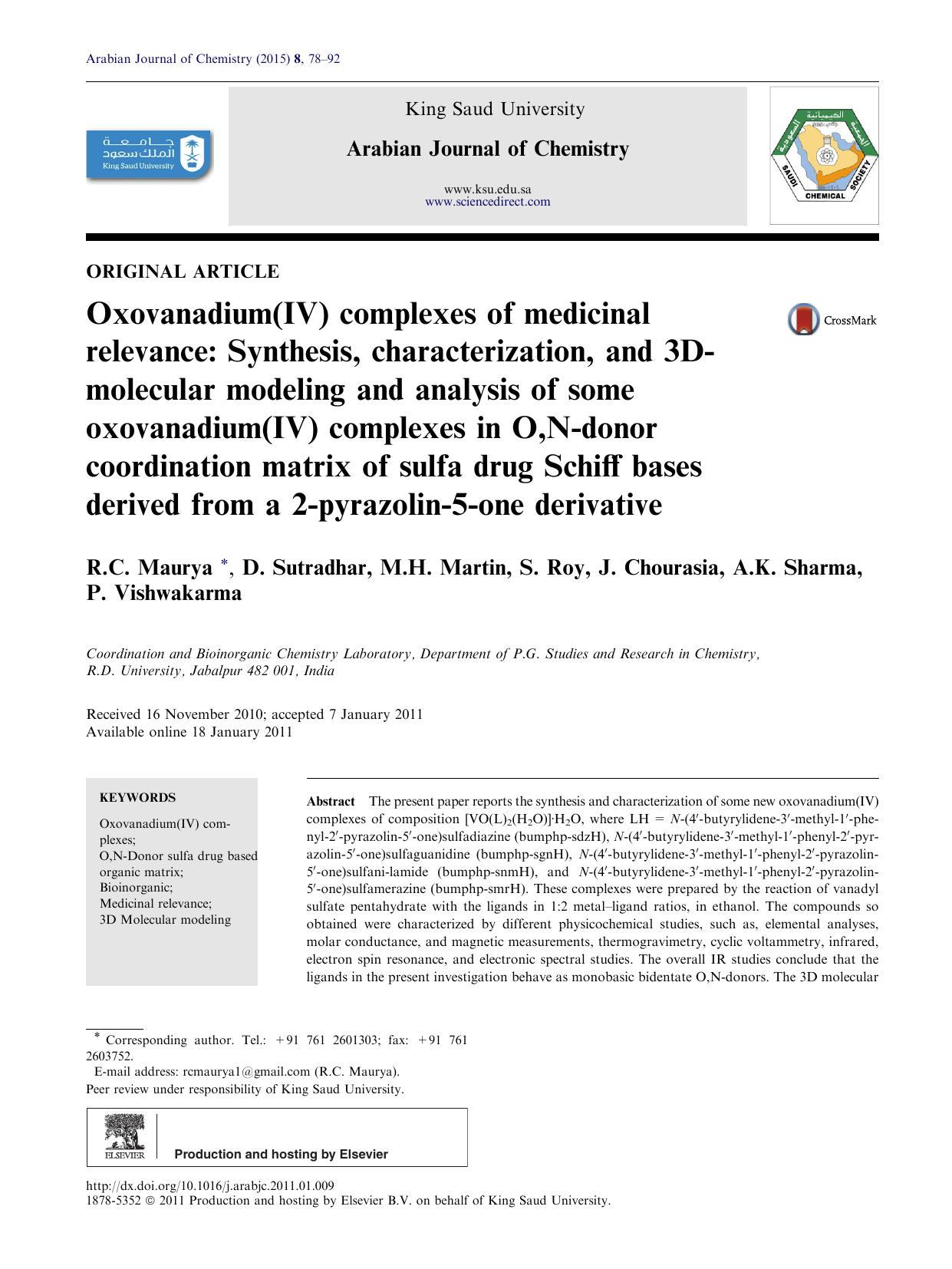 Oxovanadium(IV) complexes of medicinal relevance: Synthesis, characterization, and 3D-molecular modeling and analysis of some oxovanadium(IV) complexes in O,N-donor coordination ma by R.C. Maurya & D. Sutradhar & M.H. Martin & S. Roy & J. Chourasia & A.K. Sharma & P. Vishwakarma