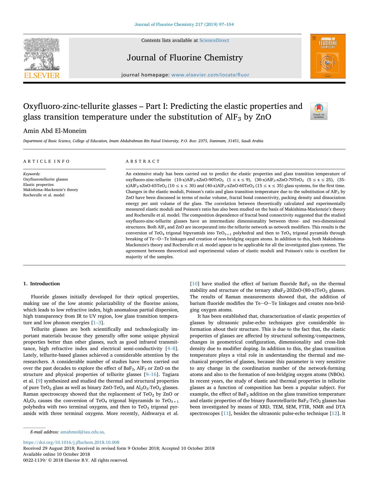Oxyfluoro-zinc-tellurite glasses â Part I_ Predicting the elastic properties and glass transition temperature under the substitution of AlF3 by ZnO by Amin Abd El-Moneim