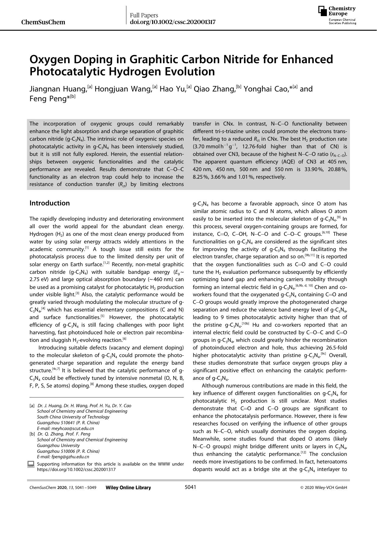 Oxygen Doping in Graphitic Carbon Nitride for Enhanced Photocatalytic Hydrogen Evolution by Unknown