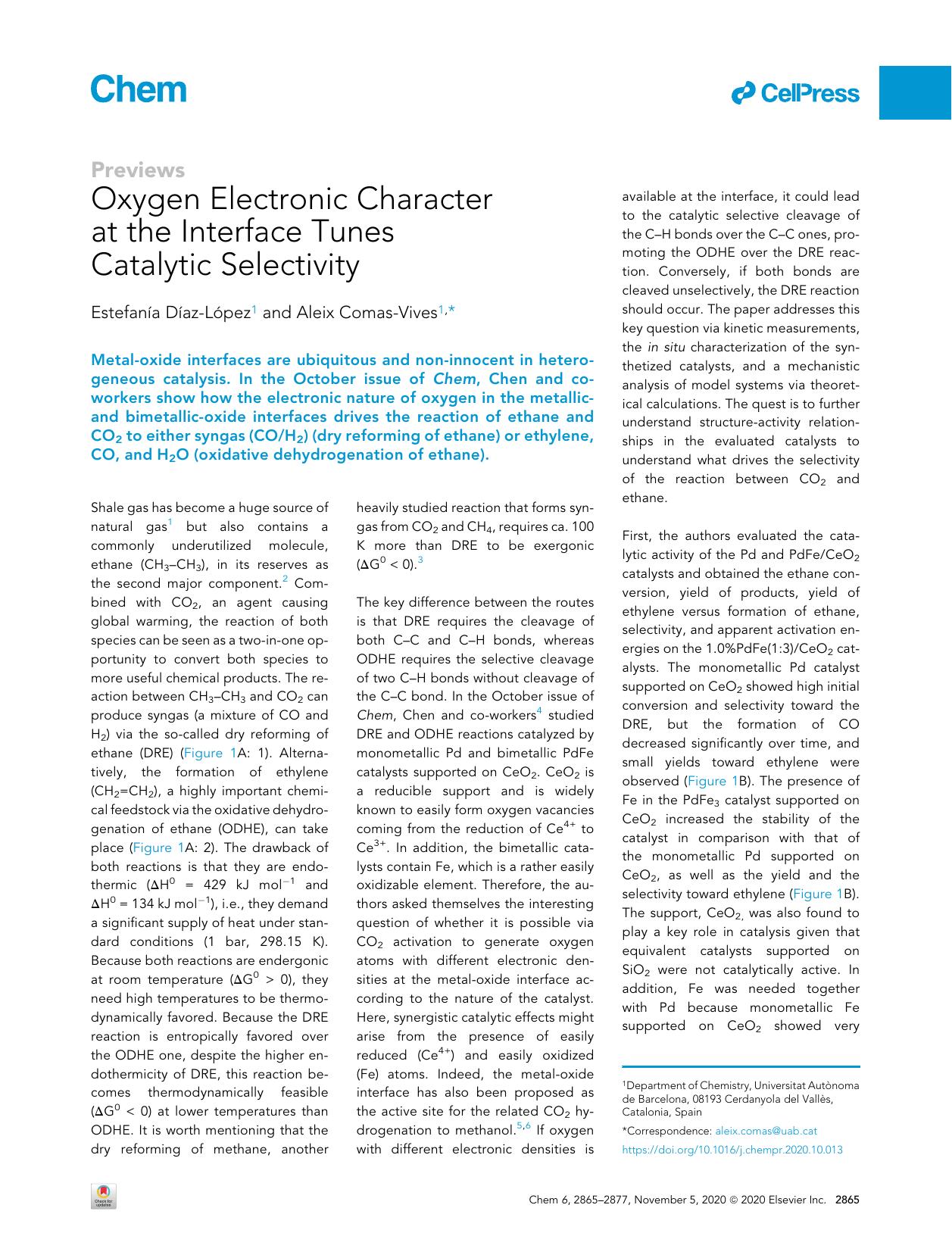 Oxygen Electronic Character at the Interface Tunes Catalytic Selectivity by Estefanía Díaz-López & Aleix Comas-Vives
