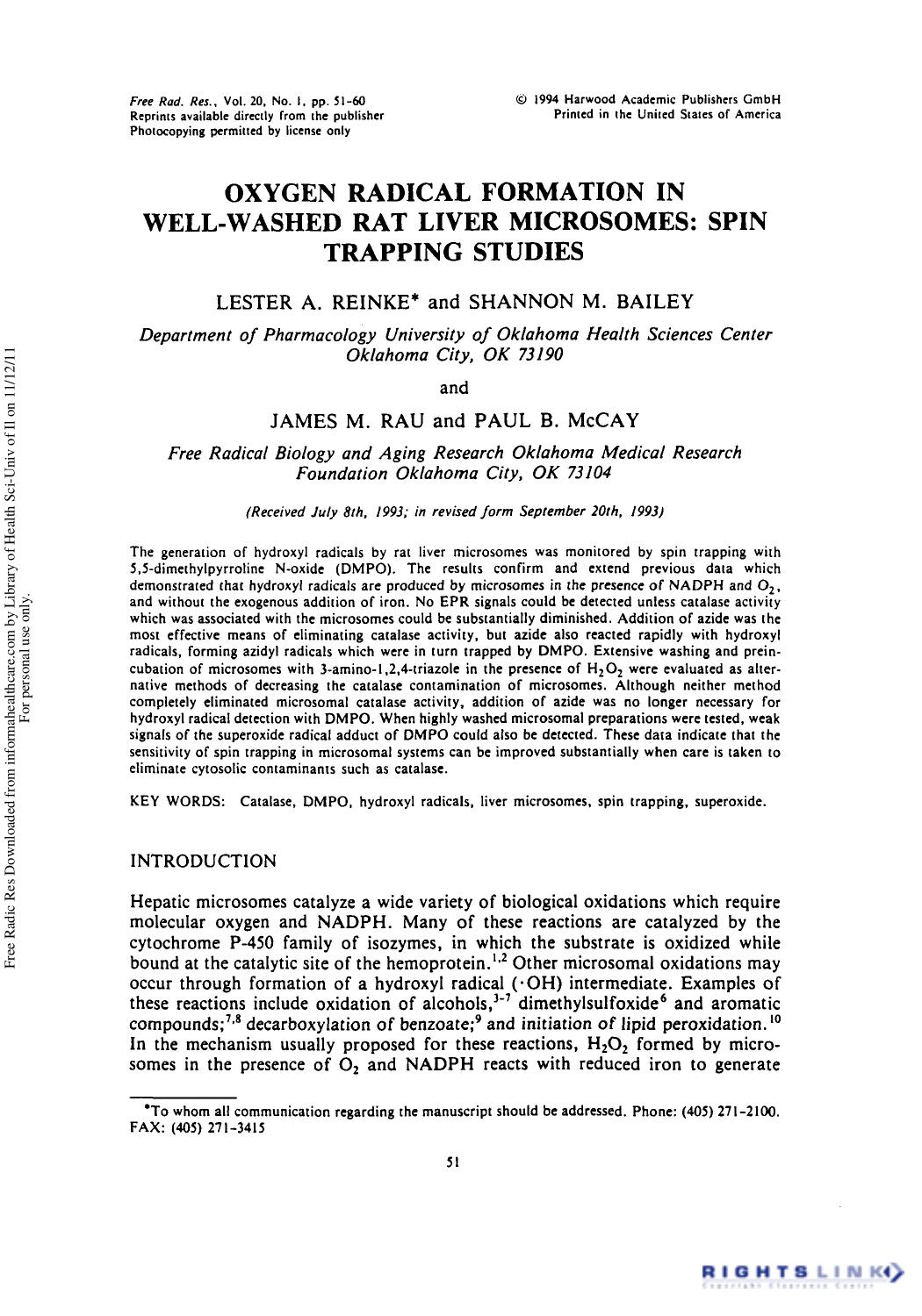 Oxygen Radical Formation in Well-Washed Rat Liver Microsomes: Spin Trapping Studies by Lester A. Reinke1† Shannon M. Bailey1 James M. Rau2 & Paul B. McCay2