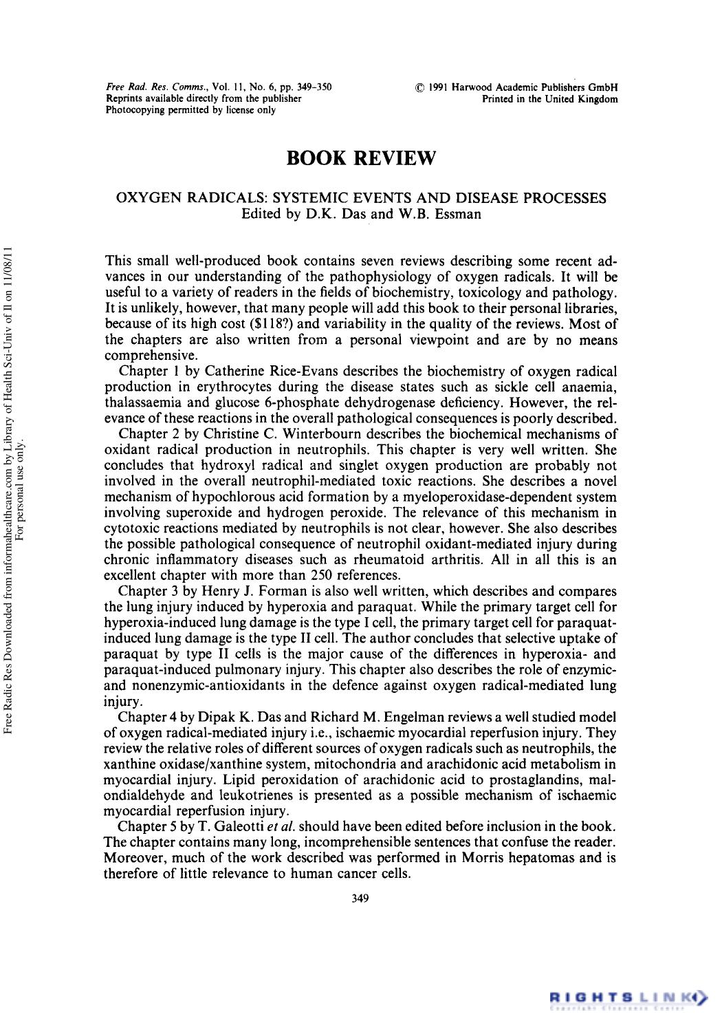 Oxygen Radicals: Systemic Events and Disease Processes by D. K. Das1 W. B. Essman1 M. T. Smith1 & V. V. Subrahmanyam1
