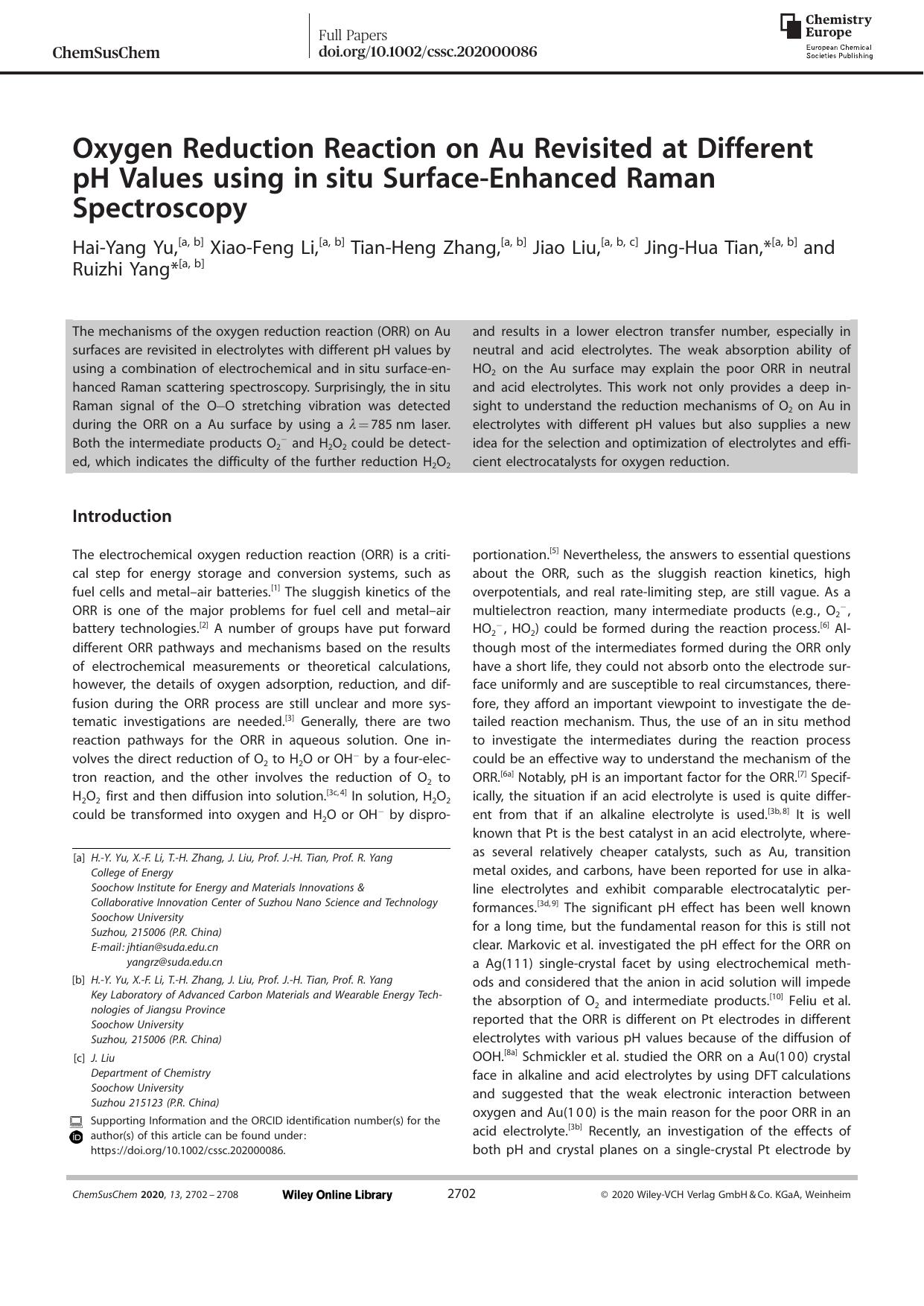 Oxygen Reduction Reaction on Au Revisited at Different pH Values using inâsitu SurfaceâEnhanced Raman Spectroscopy by Unknown