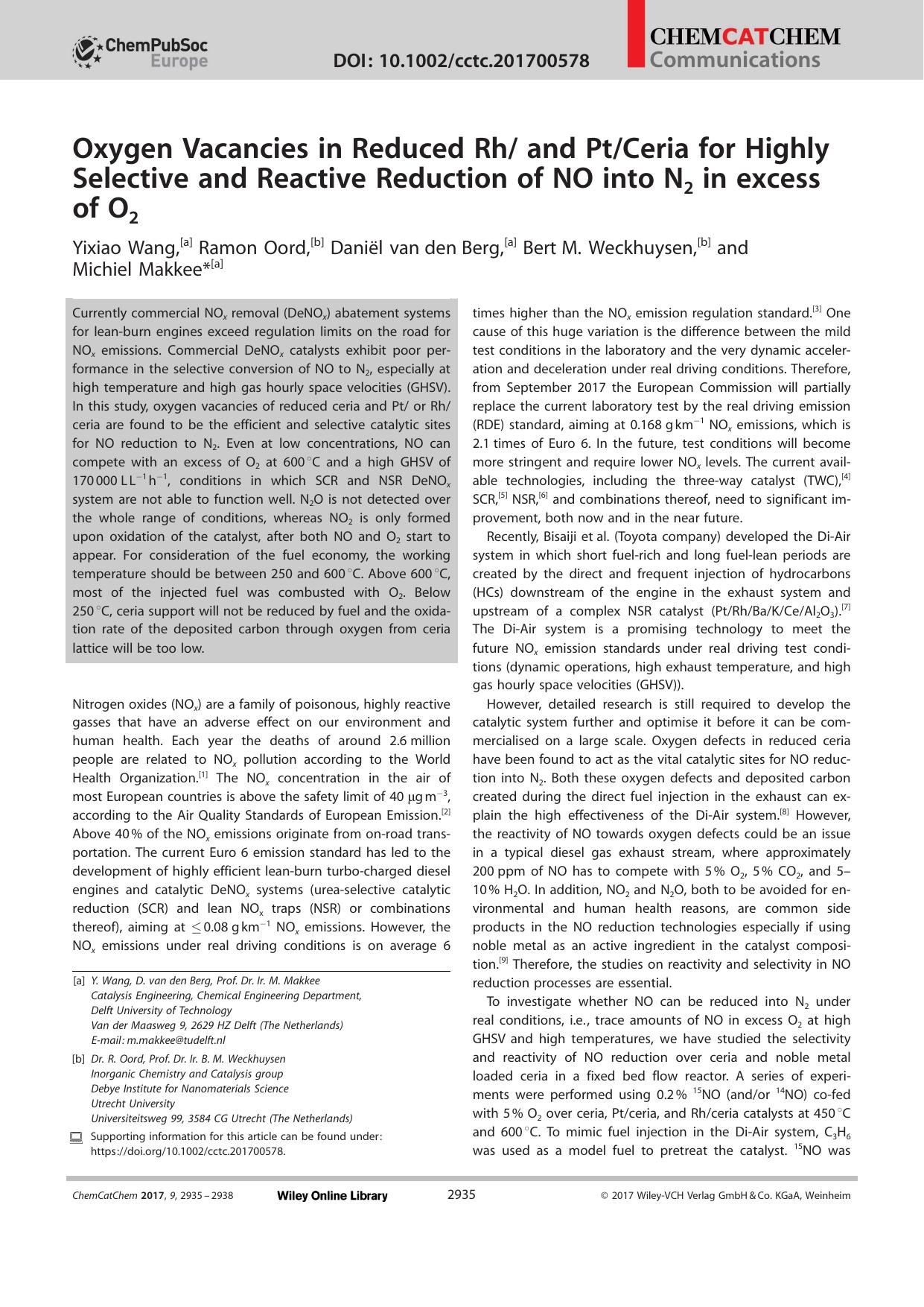 Oxygen Vacancies in Reduced Rh and PtCeria for Highly Selective and Reactive Reduction of NO into N2 in excess of O2 by Unknown