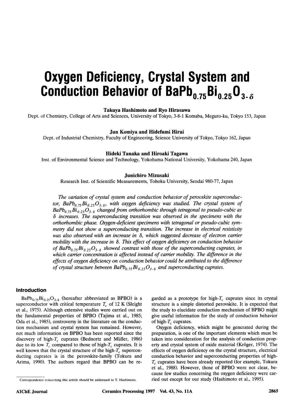 Oxygen deficiency, crystal system and conduction behavior of BaPb0.75Bi0.25O3-[delta] by Unknown