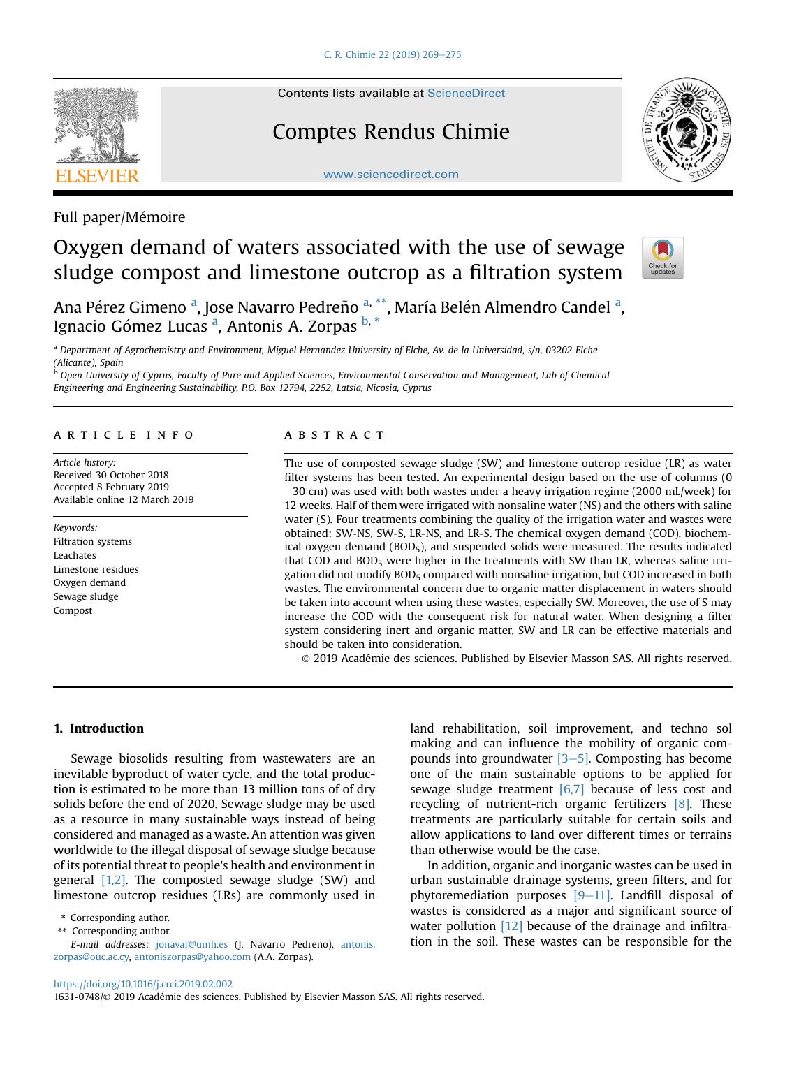 Oxygen demand of waters associated with the use of sewage sludge compost and limestone outcrop as a filtration system by unknow